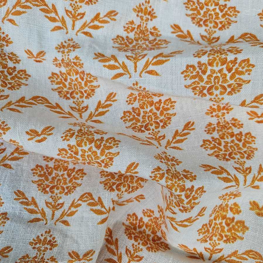100% Linen fabric Mustard yellow Block print on white - Carmen 2183