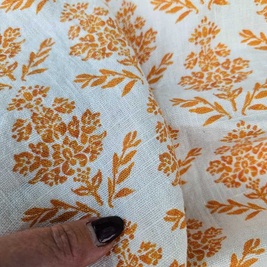100% Linen fabric Mustard yellow Block print on white - Carmen 2183
