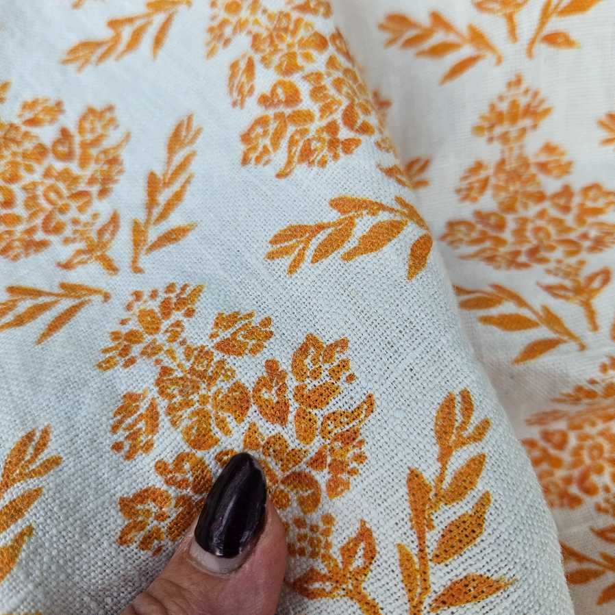 100% Linen fabric Mustard yellow Block print on white - Carmen 2183