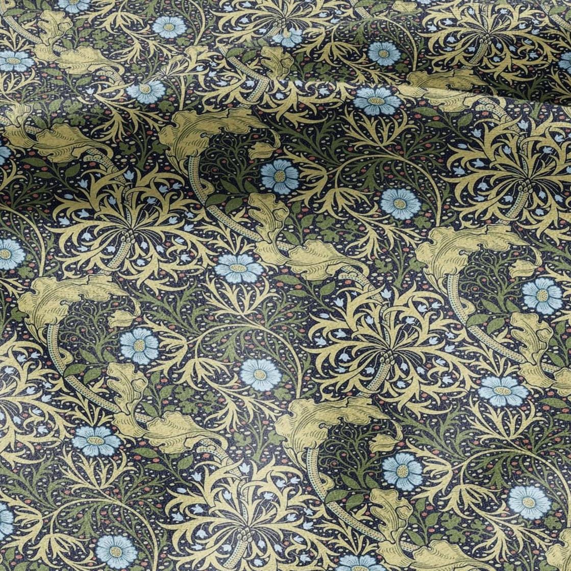 100% linen fabric William Morris Seeweed print - Victorian Art crafts linen Fabric - Historical pattern fabric upholstery dress making