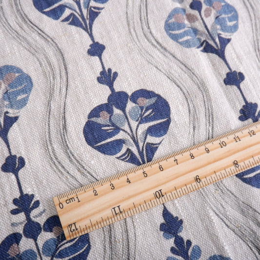 100% LINEN Fabric block print, oatmeal natur linen fabric with blue block print, heavy linen fabric for upholstery home decor 2256