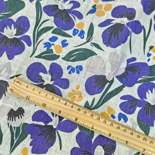 100% Linen fabric Block print purple flower on white - 2265