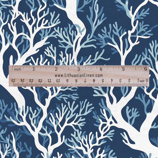 100% LINEN fabric blue coral print - botanical for upholstery home textile dress making 2295