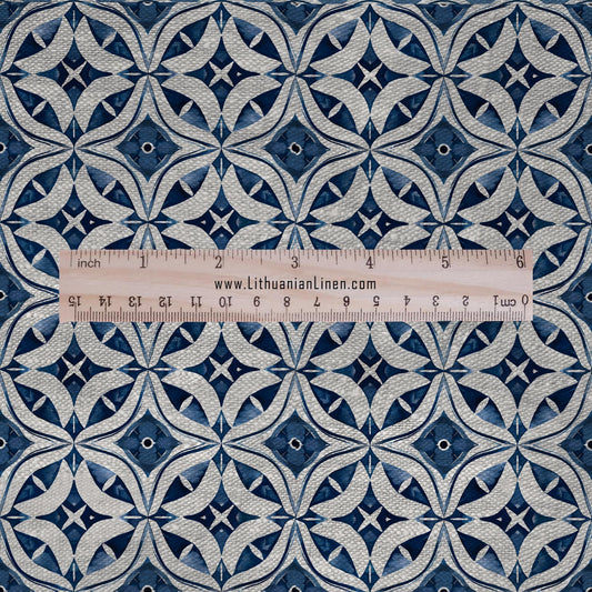 100% LINEN Fabric Geometric indigo blue print - mid-century modern star print on linen for upholstery curtains dress making 2650