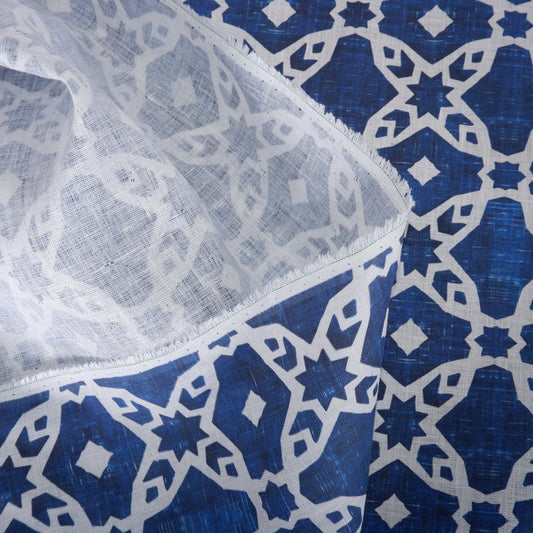 100% LINEN Fabric arabesque Abstract indigo blue - Oriental blue print on linen fabric for upholstery curtains dress making ARABESCA