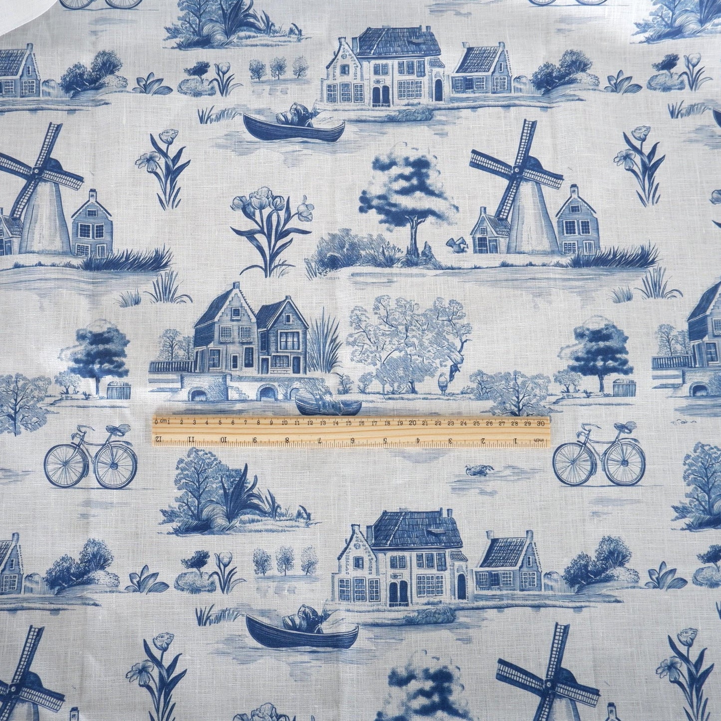 100% LINEN Fabric Delft Holland scenery - linen fabric with blue white print - heavy linen fabric for upholstery home decor tablecloth