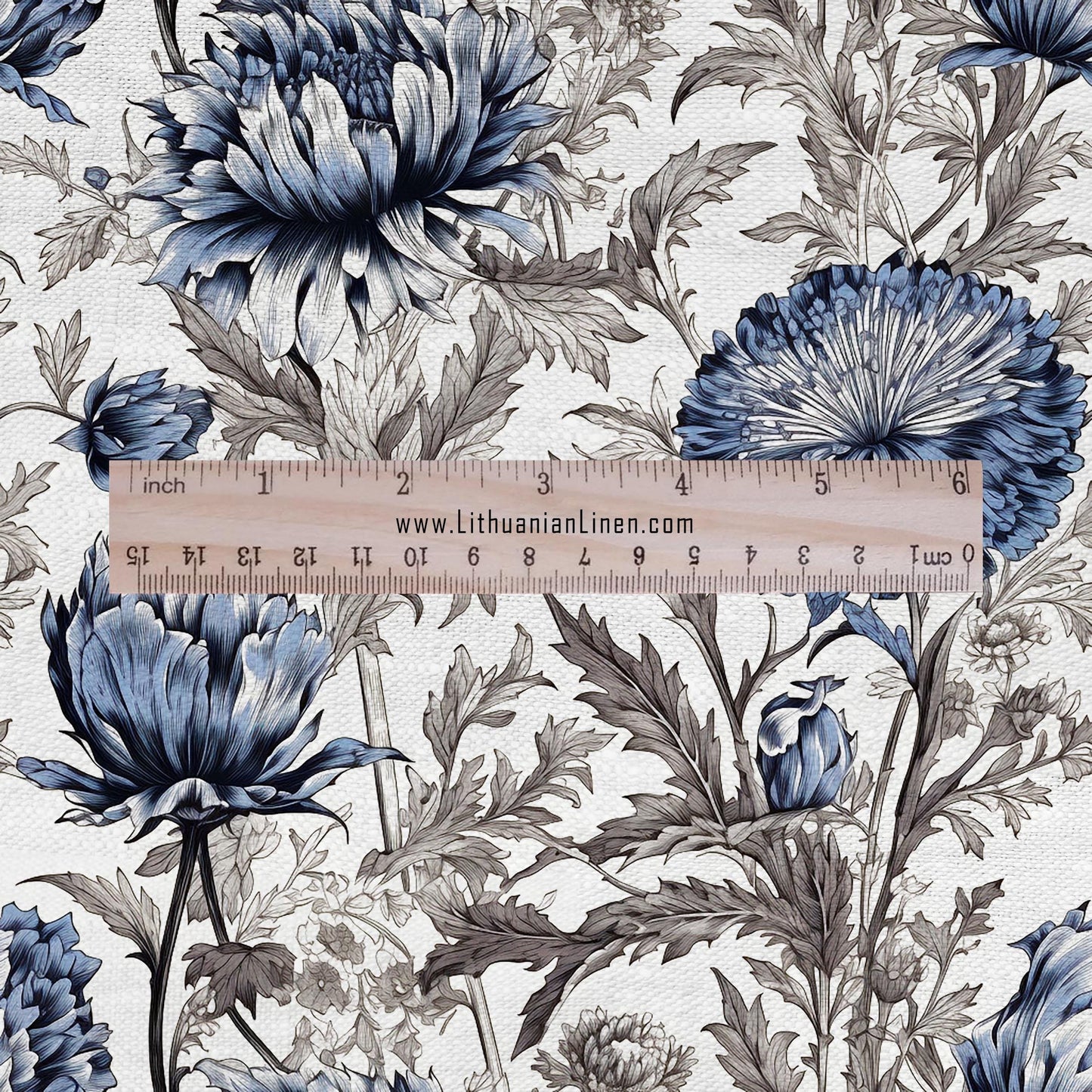 100% LINEN Fabric blue flower print on white linen - Floral print flax fabric for uphlstery heavy / medium for clothing 2575