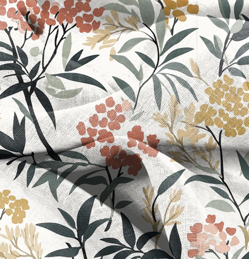 100% LINEN Fabric floral Rowan print, linen fabric with Berries tree floral print, heavy linen fabric for upholstery home decor