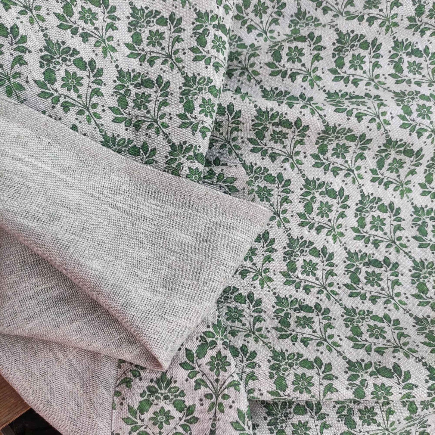 100% LINEN Fabric french green block print on oatmeal natur linen, upholstery linen fabric for home decor 340