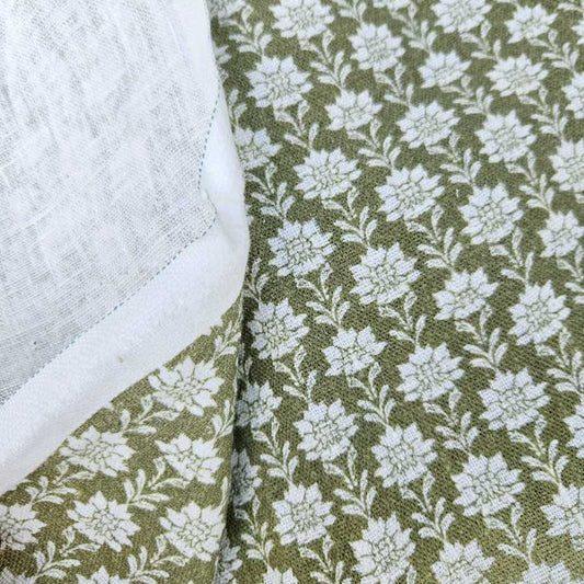 100% Linen fabric Block print olive green on white - Nora 2512
