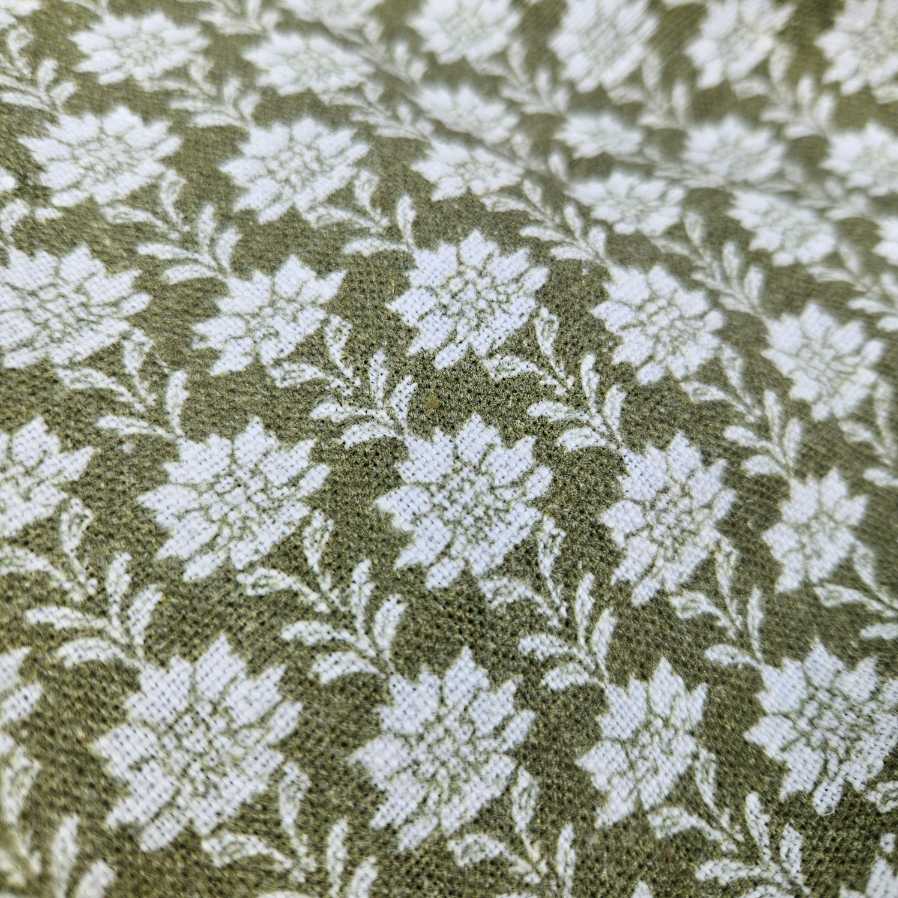 100% Linen fabric Block print olive green on white - Nora 2512