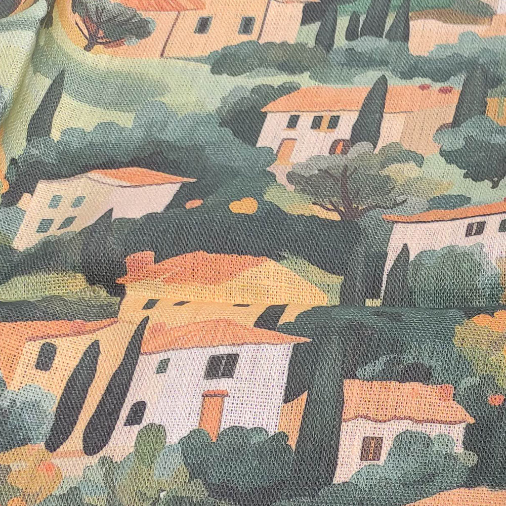 Linen fabric with Tuscany houses print - Italian landscape yellow green 2523