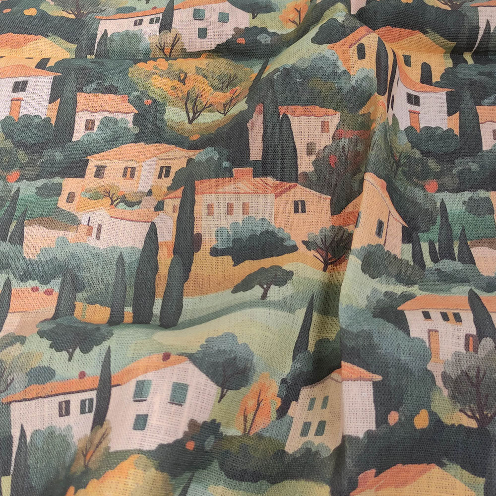 Linen fabric with Tuscany houses print - Italian landscape yellow green 2523