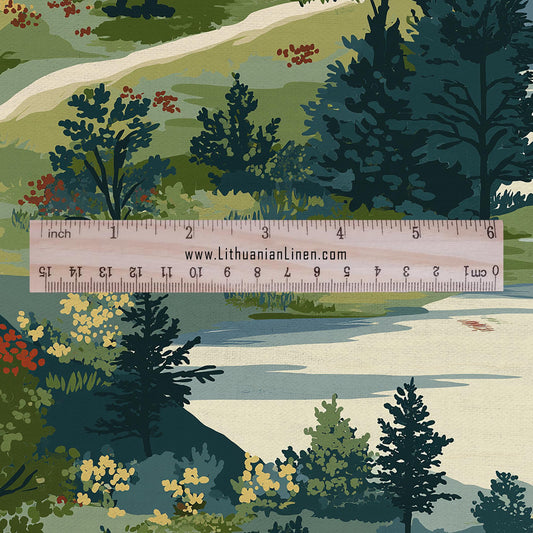 100% LINEN Fabric Scandinavian forest scenery - greenlandscape print - heavy linen fabric for upholstery home decor tablecloth 2921