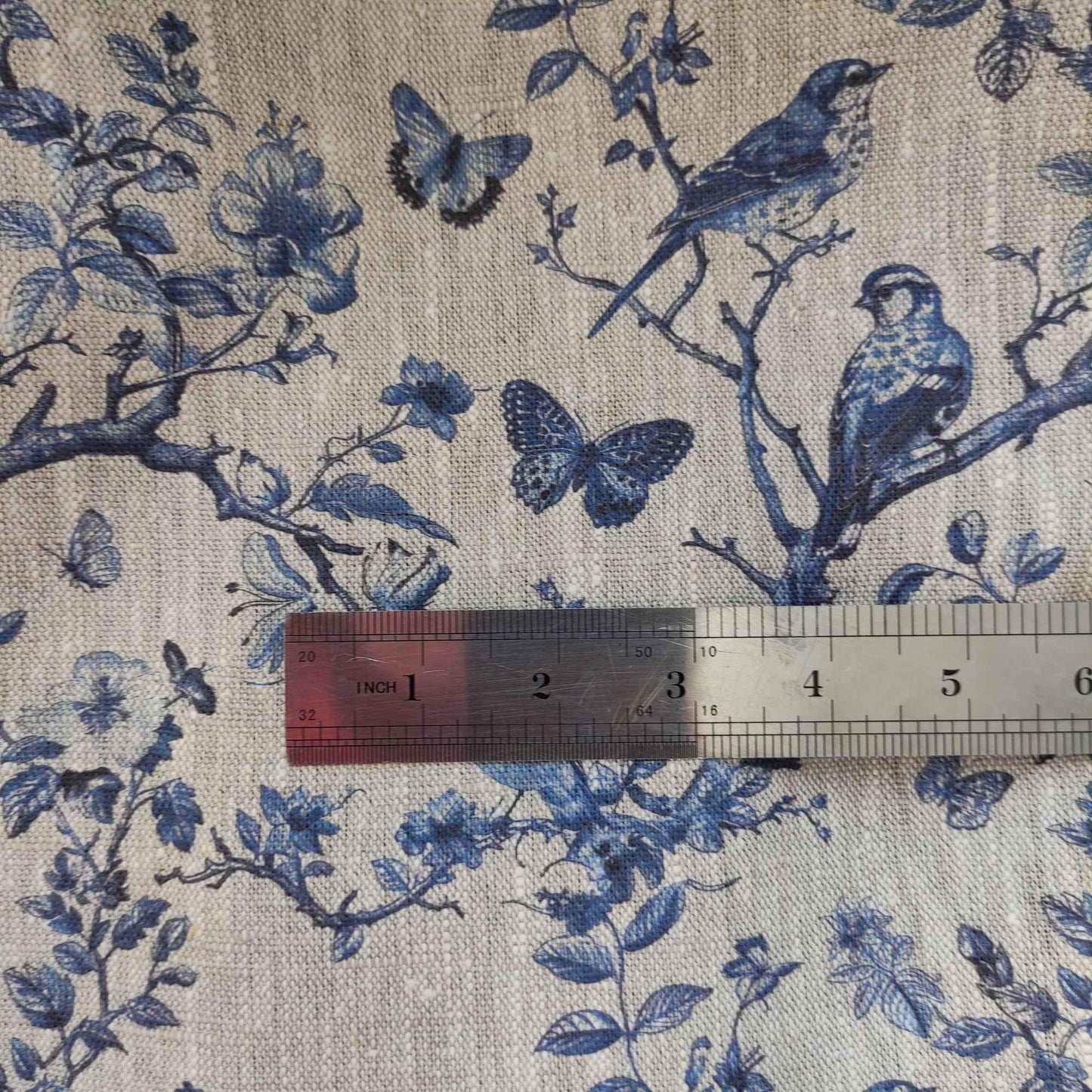 100% LINEN Fabric french blue block print on oatmeal natur linen, floral toile de jouy fabric, French linen floral upholstery