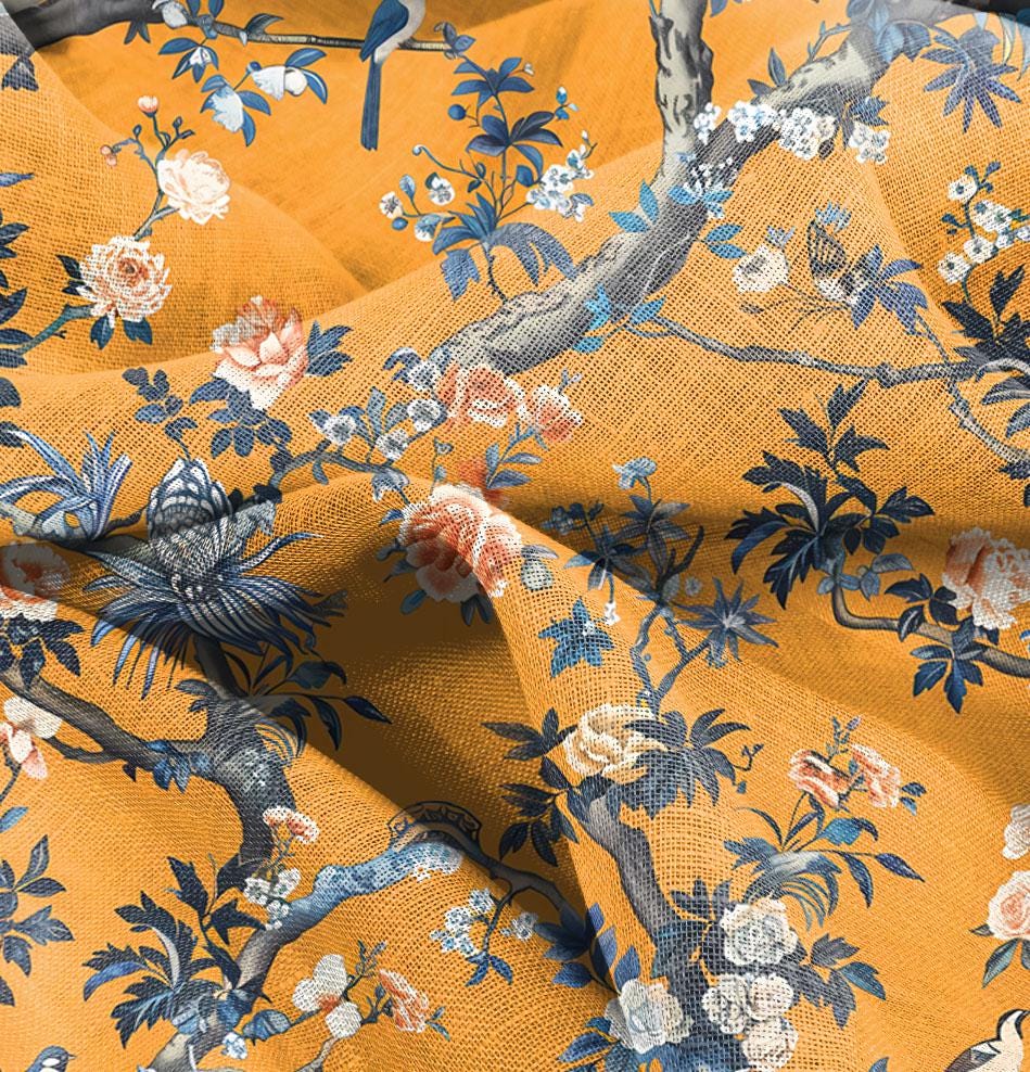 100% LINEN Fabric mustard toile de jouy print on linen, floral fabric with trees and birds, French linen floral upholstery
