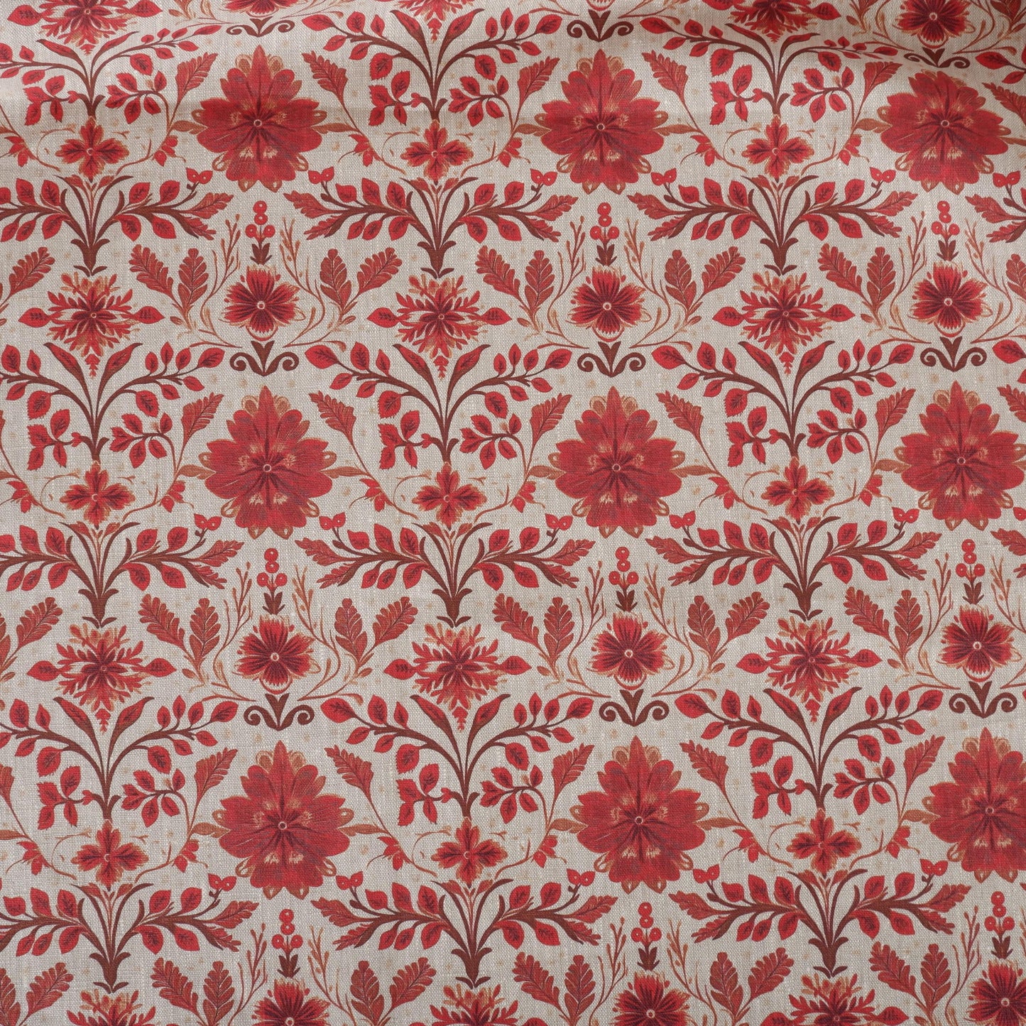 100% LINEN Fabric red floral print on oatmeal natur linen - love red flower fabric - French linen floral upholstery dress making 2036