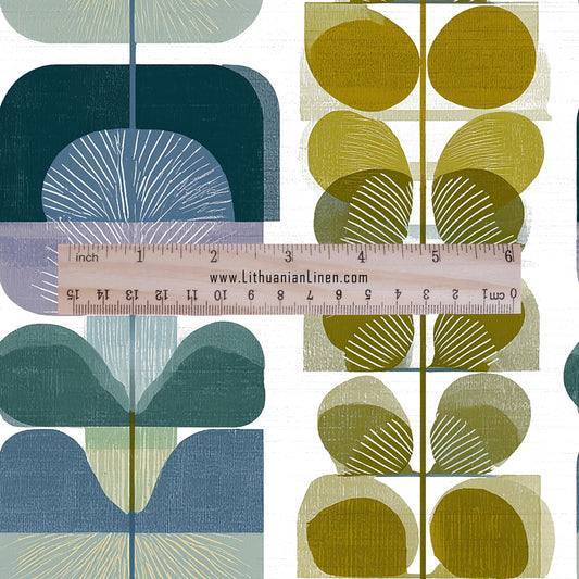 100% LINEN Fabric retro Eukalyptus blue green yellow floral print - modern vintage Cornflower fabric for upholstery or home decor 2830