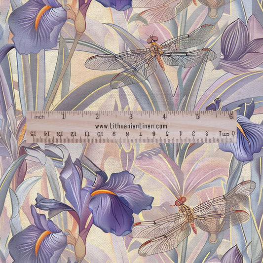 100% LINEN fabric pastel Iris dragonflies print - botanical linen Fabric for upholstery home textile dress making 2028