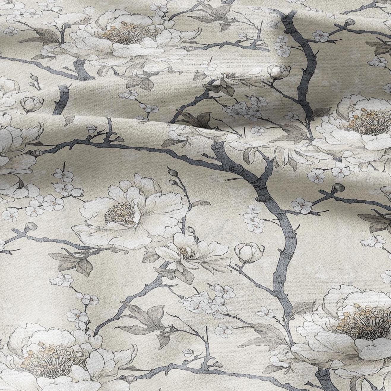 100% LINEN Fabric beige apple blossom print on white linen - floral botanical french linen fabric Provence - linen floral upholstery 2594