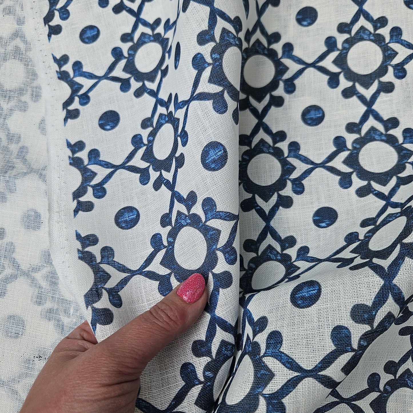 100% LINEN Fabric block print indigo blue on white - linen fabric with blue floral print heavy linen fabric for upholstery home decor