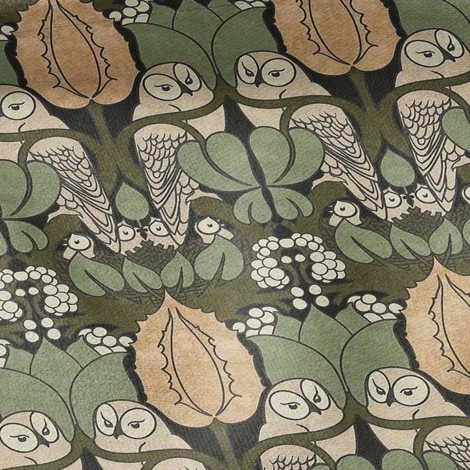 Owl Voysey green print on 100% LINEN - Victorian Art crafts linen Fabric - botanical Historical upholstery home textile
