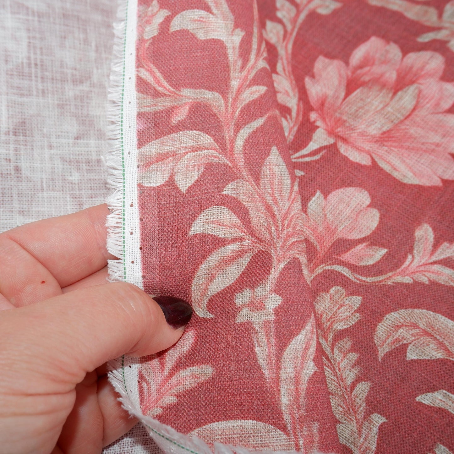 100% LINEN Fabric red floral print on linen, botanical print fabric for upholstery home decor curtains pillows cushions