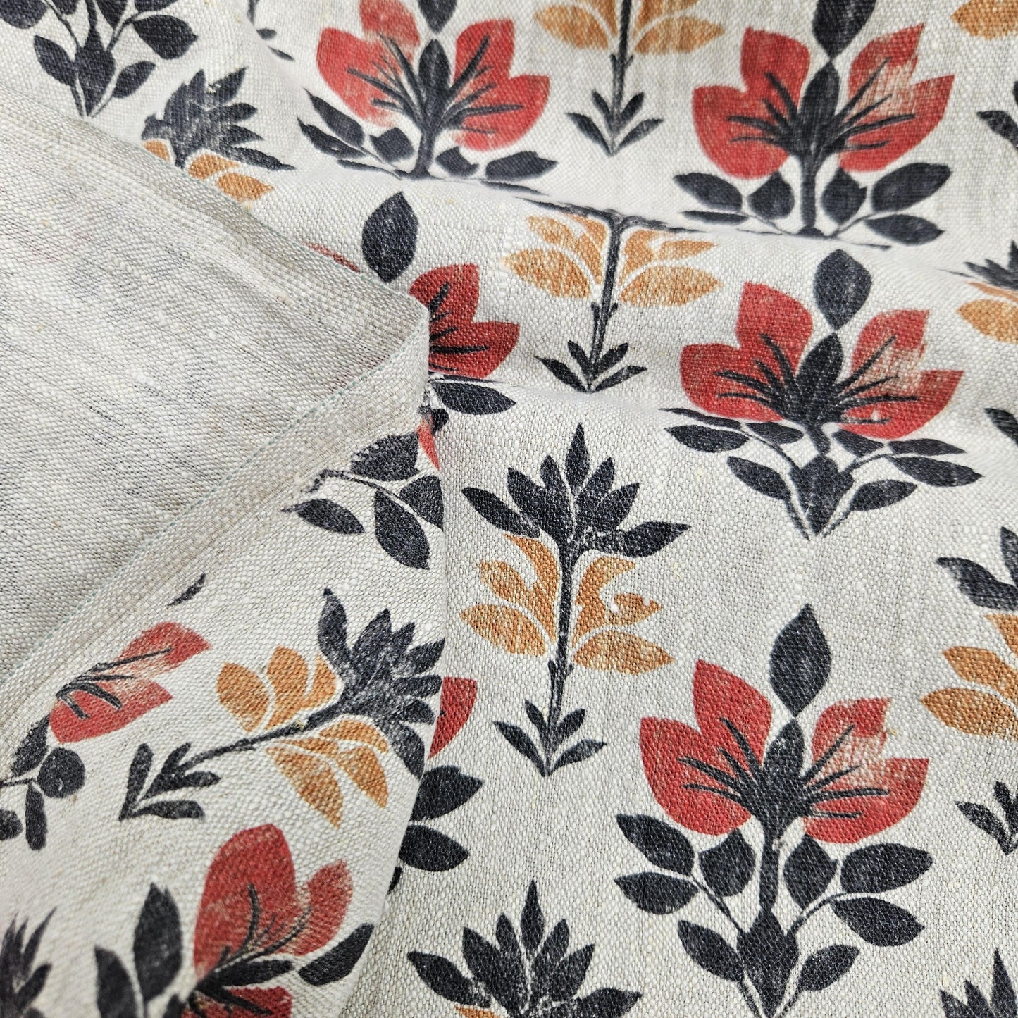 100% LINEN Fabric block print black red on grey | oatmeal linen fabric with floral print | linen fabric for upholstery home decor 2002