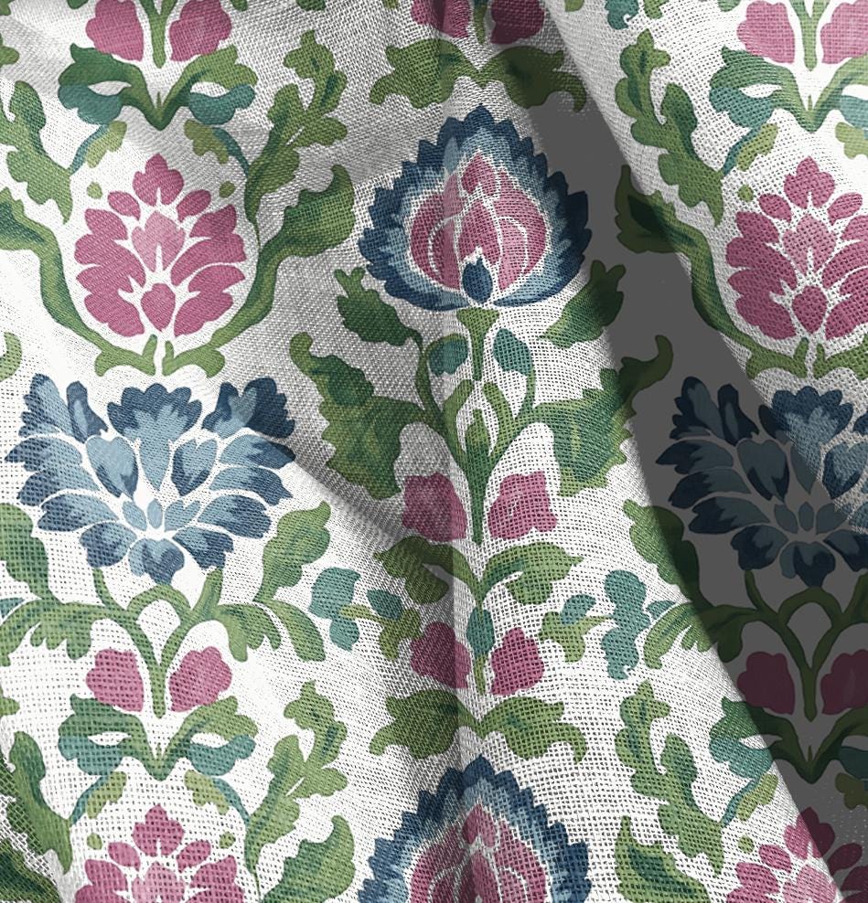 100% LINEN Fabric floral print on linen, Botanical fabric with large flowers in pink blue green for upholstery curtains home textile 2646