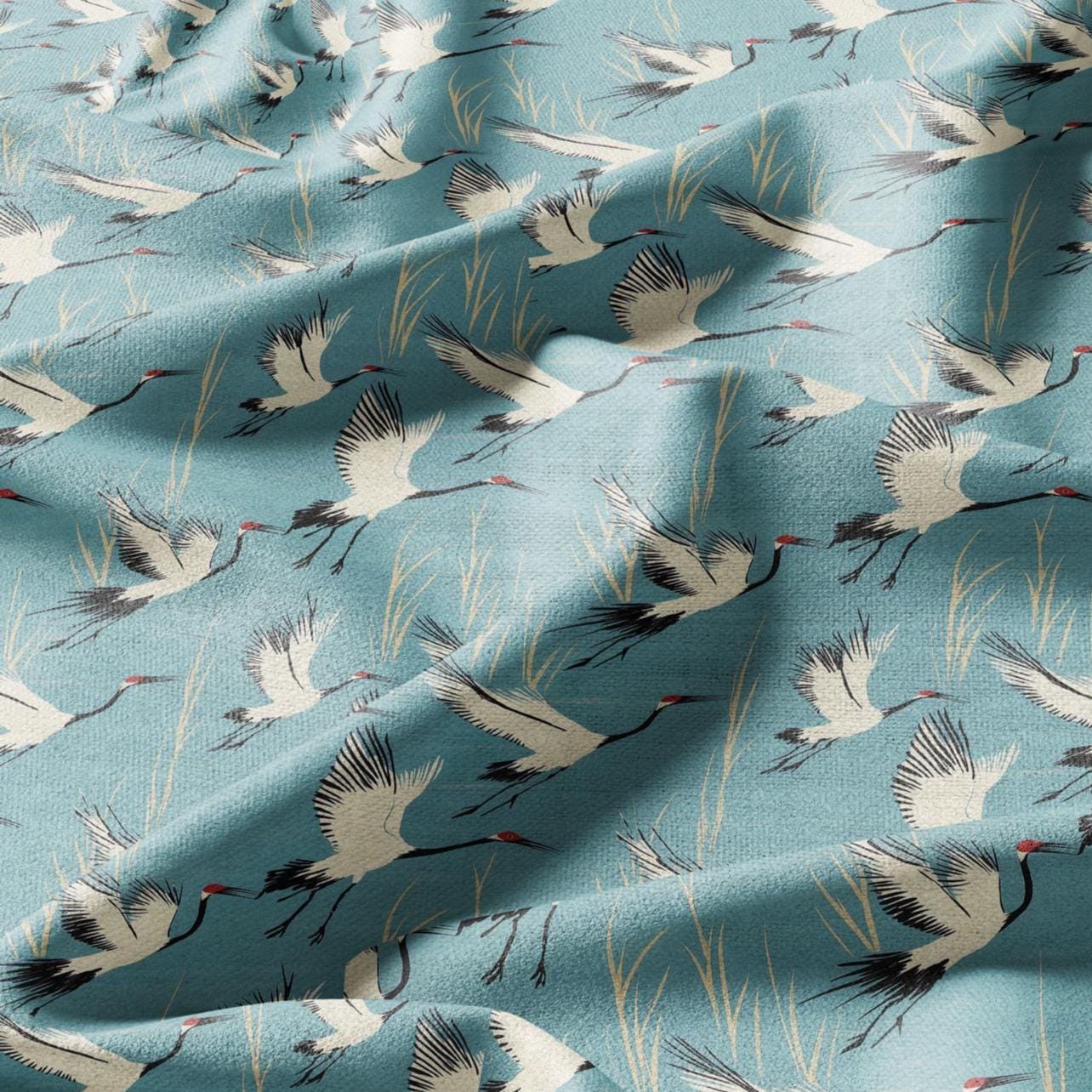 100% LINEN Fabric Cranes print - animal linen fabric with bird print for upholstery home decor curtains pillowcases dress making