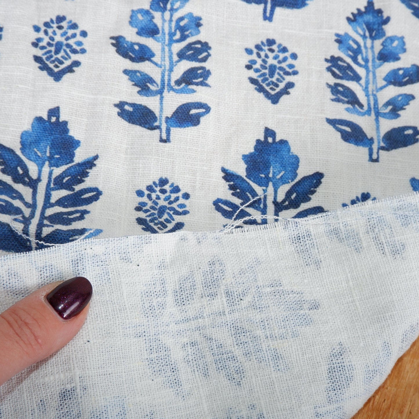 100% LINEN Fabric block print blue white - linen fabric with indian blue floral print, heavy linen fabric for upholstery home decor