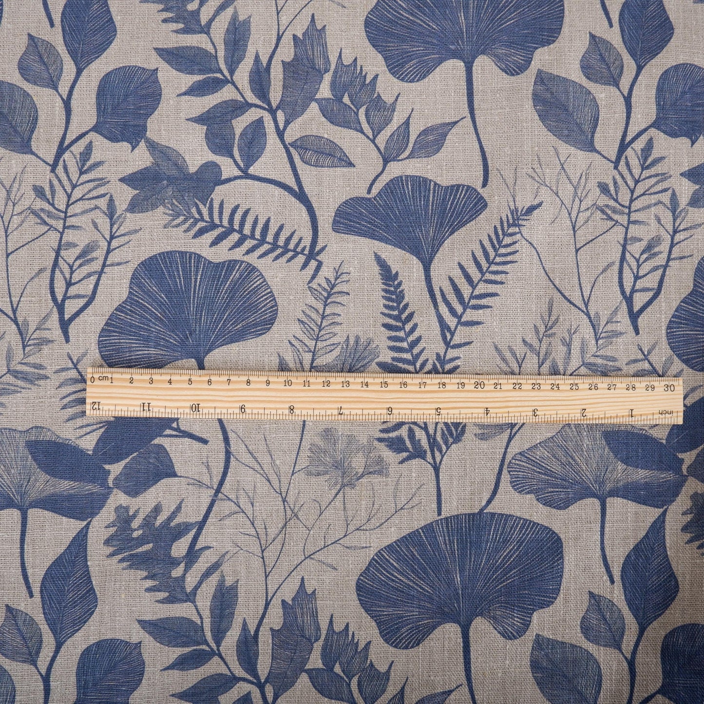 100% LINEN Fabric BLUE floral leaves print 2218