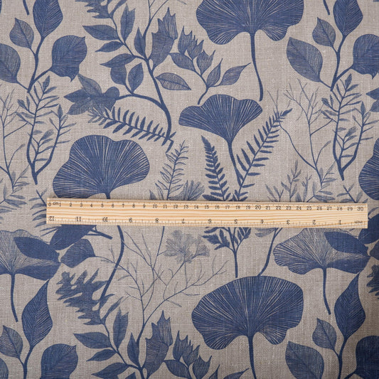 100% LINEN Fabric BLUE floral leaves print 2218