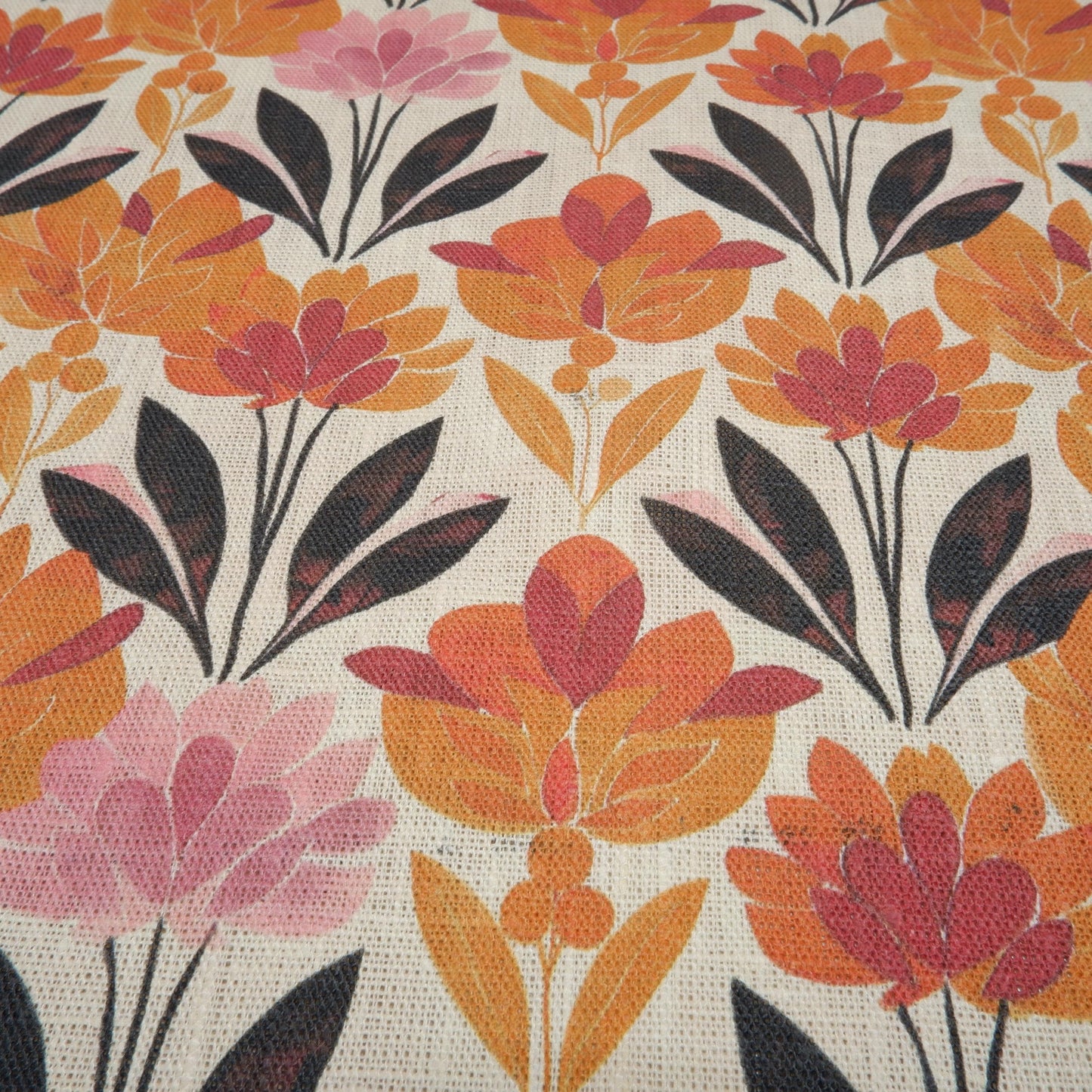 100% LINEN Fabric retro pattern on linen fabric - floral botanical orang heavy linen fabric for upholstery home decor clothing