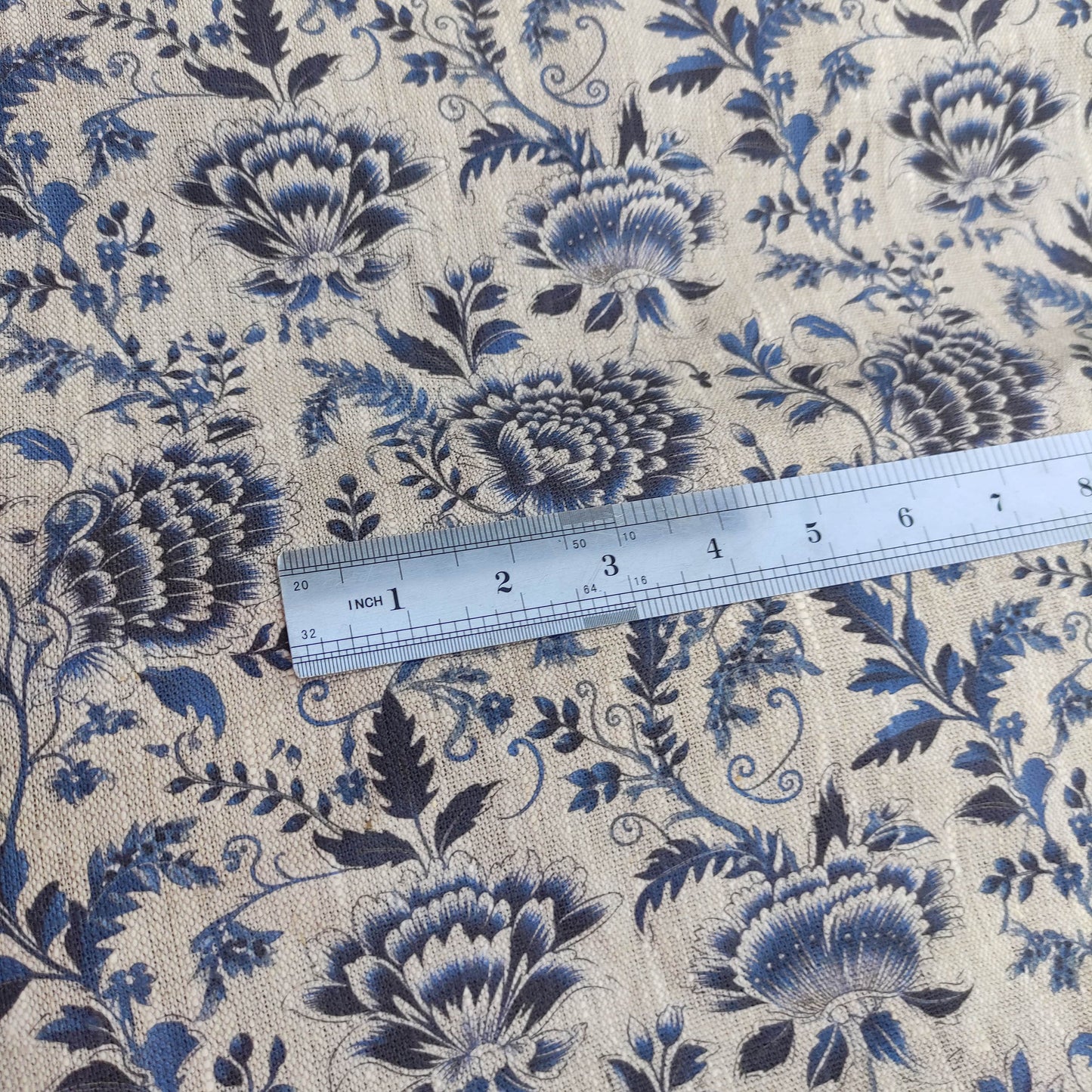100% LINEN Fabric indigo blue on oatmeal natur linen, white botanical chinoiser fabric, French linen floral