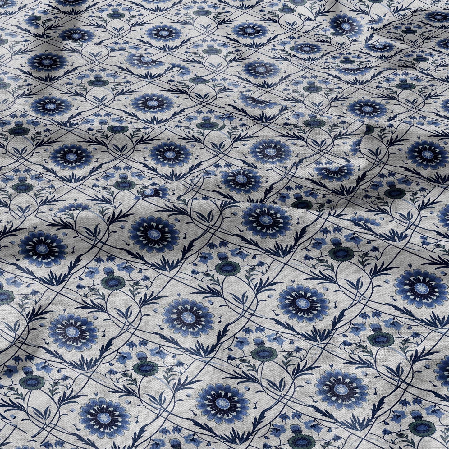 100% LINEN Fabric block print - linen fabric with blue white floral print - heavy linen fabric for upholstery home decor