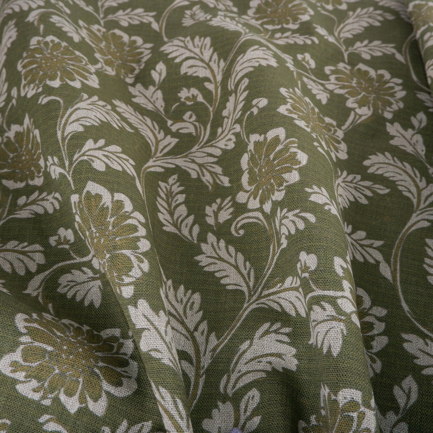 100% LINEN Fabric green floral block print on oatmeal natur linen - botanical greenery toile de jouy fabric, French linen floral upholstery