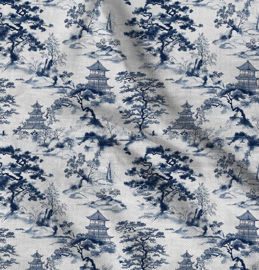 100% LINEN Fabric block print Kyoto Japan landscape - white linen fabric blue chinoiserie print - heavy linen fabric upholstery home decor