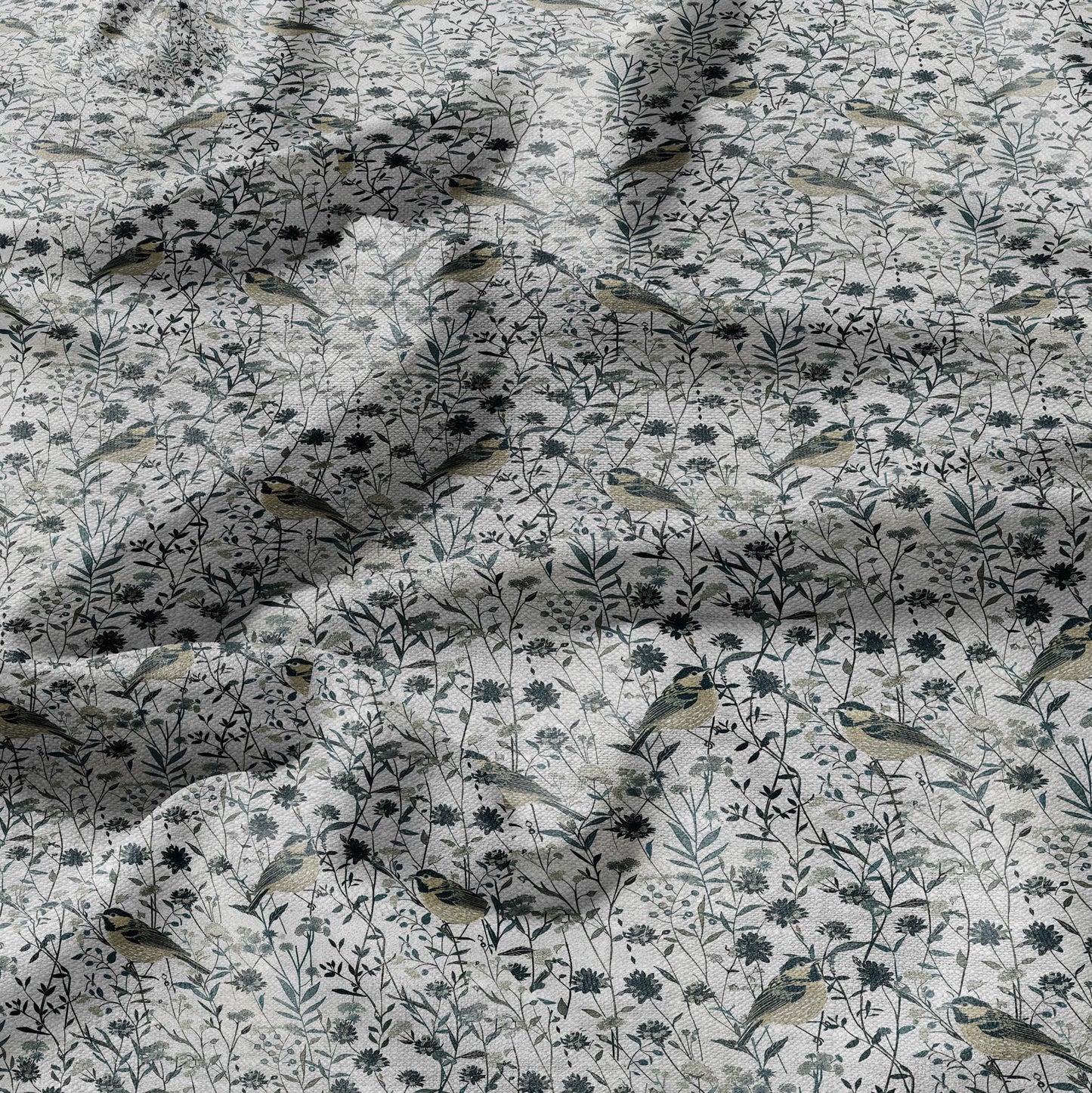 100% LINEN Fabric floral with birds meadow print - heavy linen fabric with pale green print for upholstery home decor curtains pillowcases
