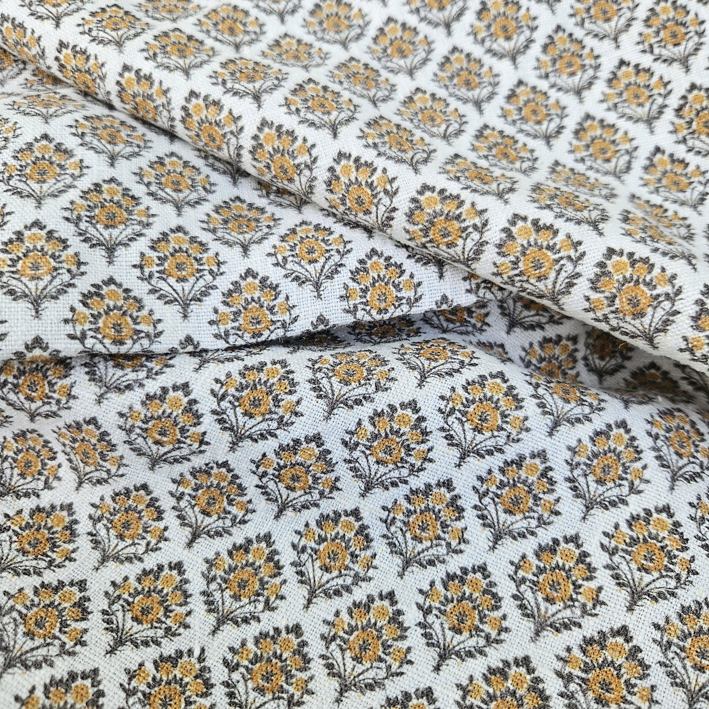 100% LINEN Fabric block print mustard brown yellow on white - heavy linen fabric upholstery home decor or medium for clothing 2513 Vadodara