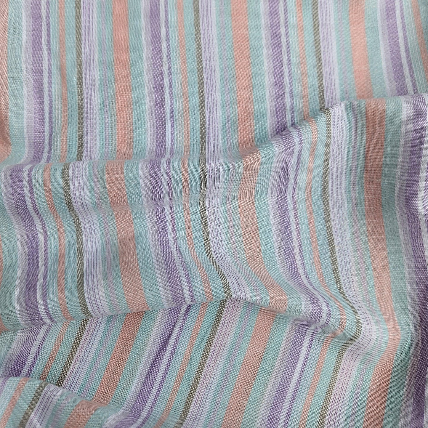 Premium Linen striped Fabric in pastel purple pink white | Medium weight multicolor stripes Roskilde Stripe for clothing home textile