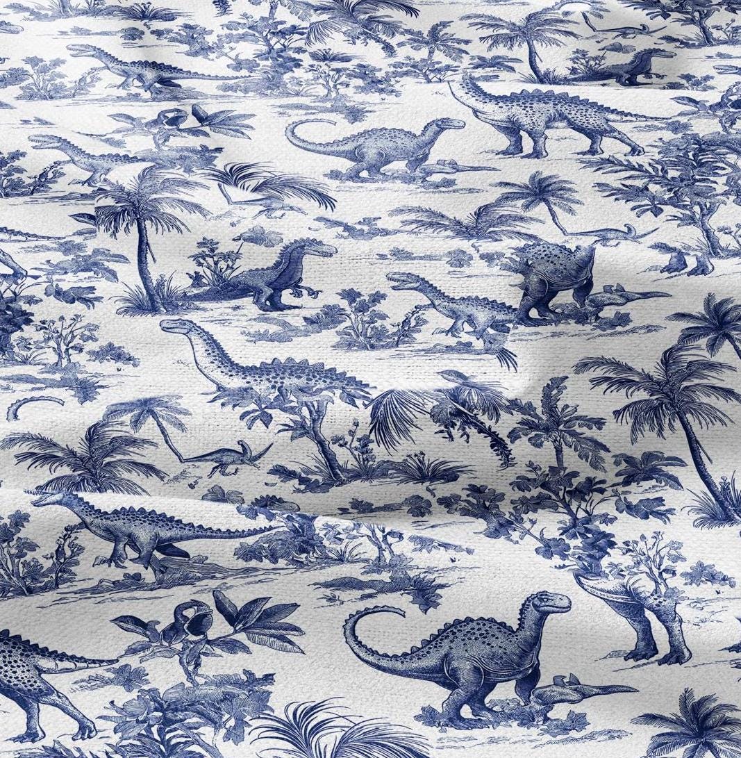 100% LINEN Fabric Toile de Jouy with dinosaures - white botanical fabric with blue indigo print - French linen floral Dino Nursery fabric
