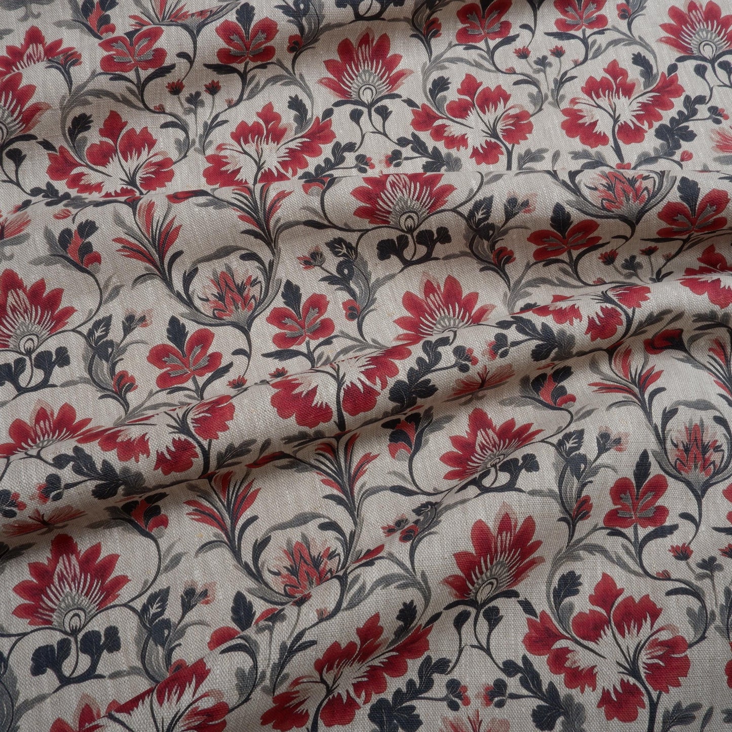 100% LINEN Fabric block print floral red black on grey, oatmeal natur linen fabric with botanical print for upholstery home decor