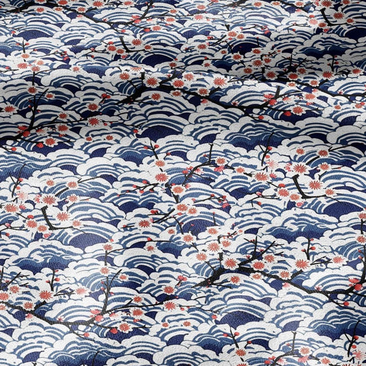 100% LINEN Fabric block print Japanese Sakura sea - red blue indigo floral print - heavy upholstery home decor - medium for clothing 2597