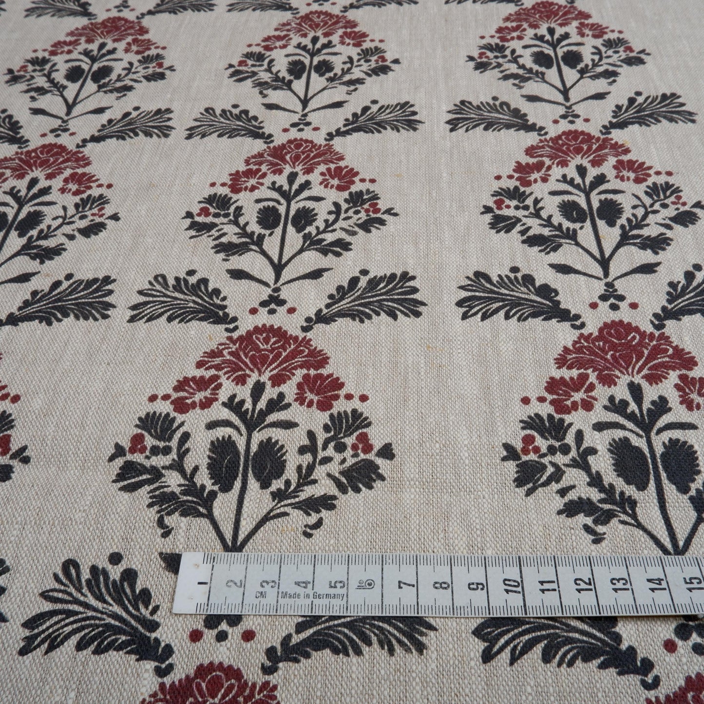 100% LINEN Fabric block print black red on grey | oatmeal linen fabric with floral print | linen fabric for upholstery home decor botanical