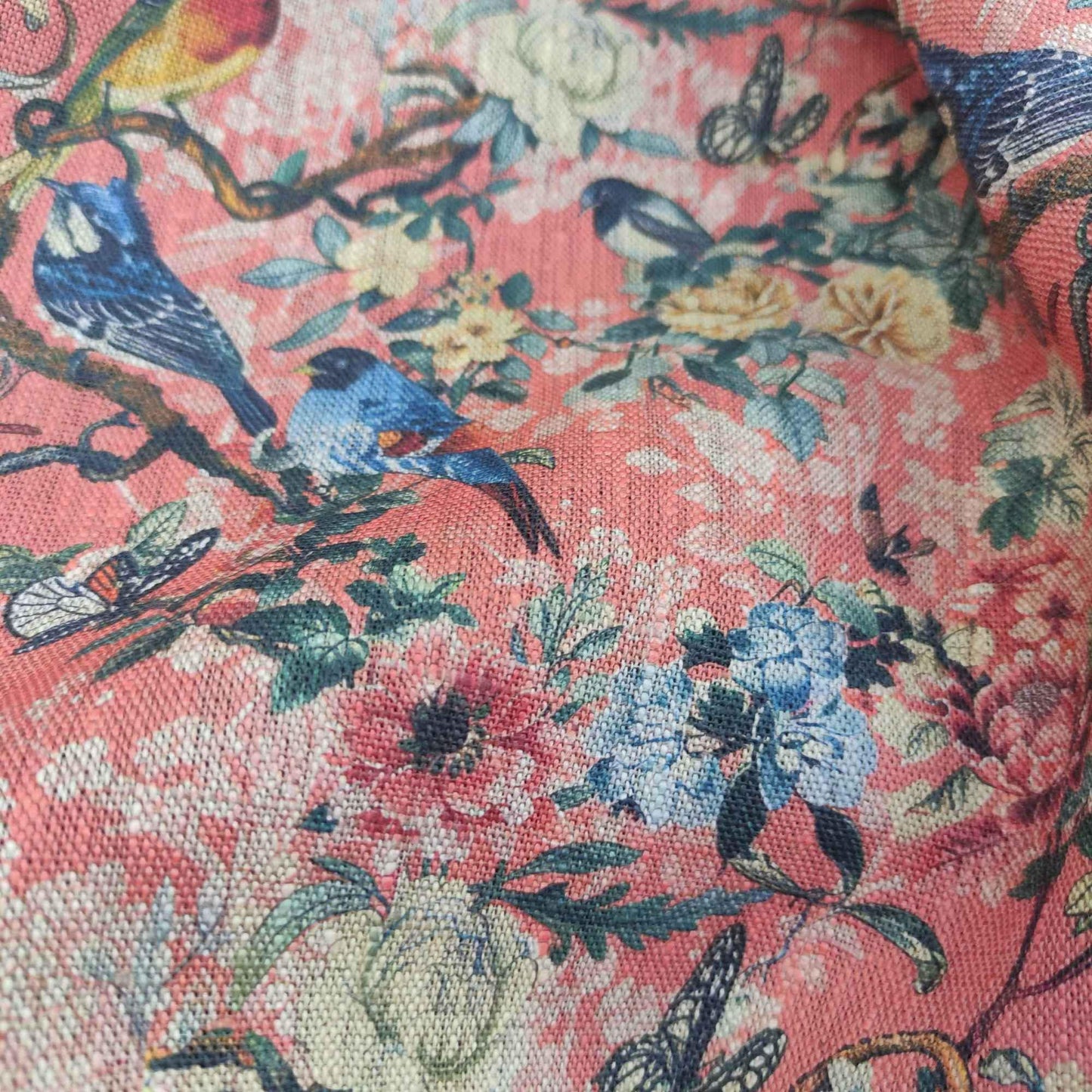 100% LINEN Fabric Toile de Jouy with flowers and birds, pink botanical print linen fabric for home decor upholstery