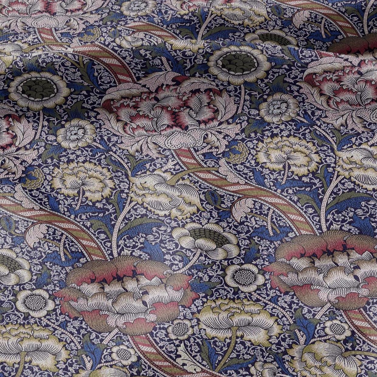 William Morris Wandle navy blue print on 100% LINEN - Victorian Art crafts linen Fabric - botanical Historical upholstery home textile