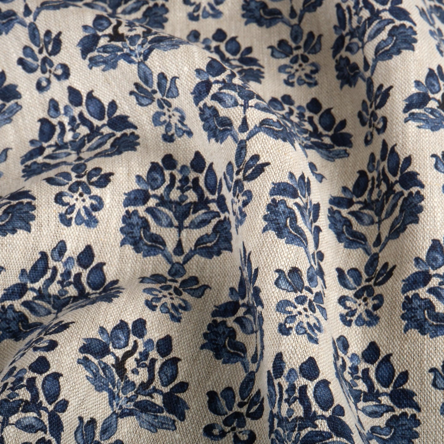 100% LINEN Fabric indigo blue block print - oatmeal neutral fabric with blue floral print - linen for upholstery home decor dressmaking 389