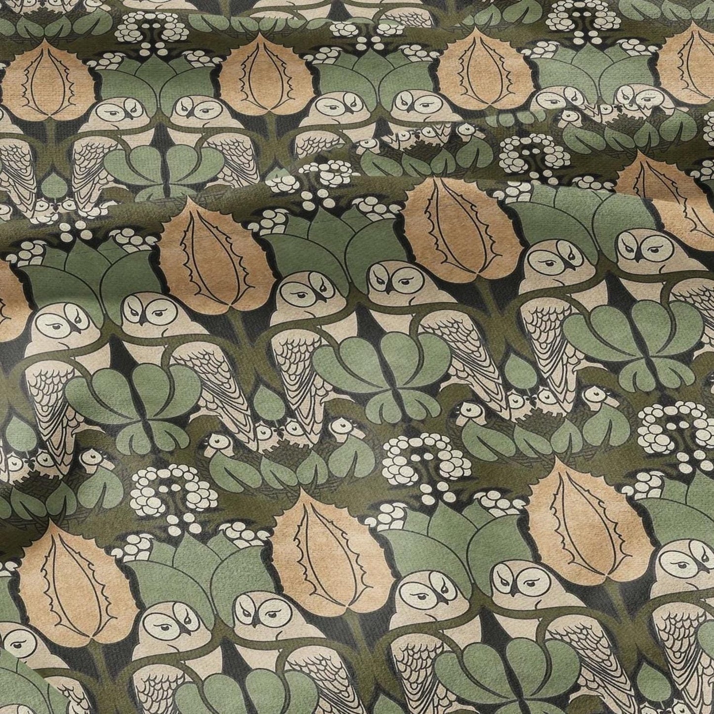 Owl Voysey green print on 100% LINEN - Victorian Art crafts linen Fabric - botanical Historical upholstery home textile