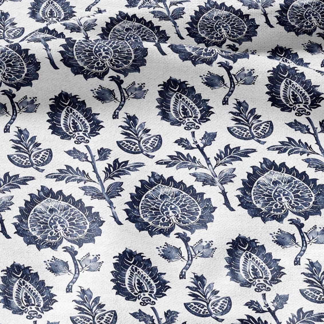 100% LINEN Fabric block print indigo blue on white - blue floral print heavy linen fabric for upholstery home decor 2009